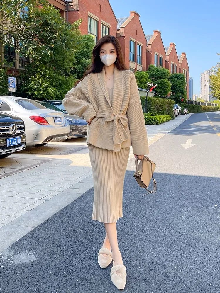 New Autumn Winter Knitted Dress Sets Women Korean Fashion Long Sleeve Cardigan Coat + Bodycon Sling Dresses Two Piece Set Suits