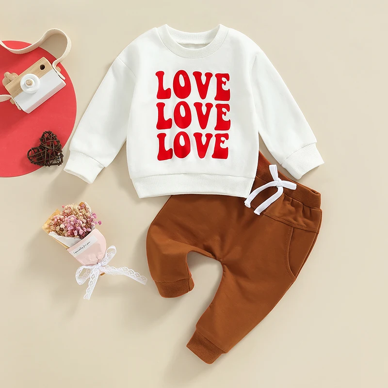 Toddler Baby Autumn Clothes Set Letter Print Long Sleeve Round Neck Pullover Elastic Waist Solid Long Pants