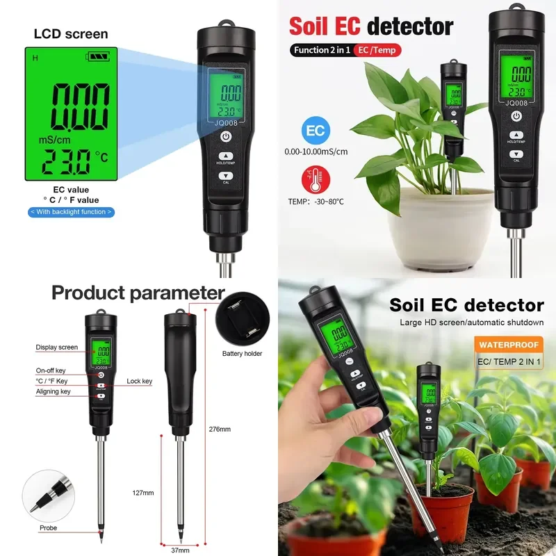HEDAO Digital EC/Temperature Soil Tester Meter LCD with Automatic Temperature Compensation (-30C-80C) for Farm Garden