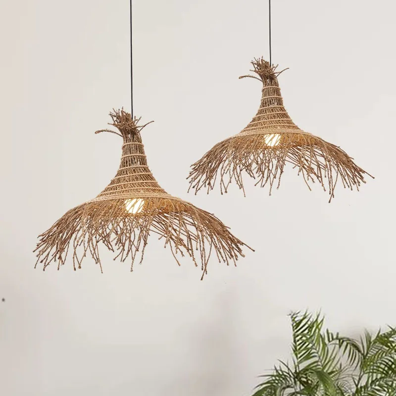 Wabi Sabi Rattan Weaving Straw Hat Chandelier Nordic Retro Living Dining Room Pendant Lights Restaurant Bar Hanging Lamp Fixture