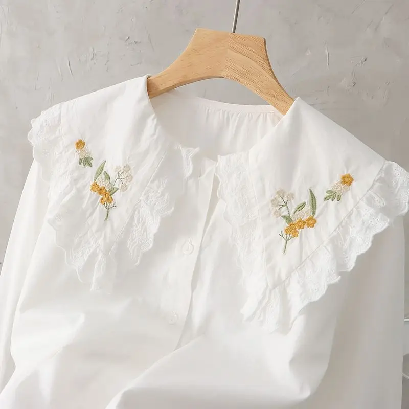 Literary and Fresh Embroidered Wild Chrysanthemum Loose Cotton Doll Collar White Shirt Women's Long-sleeved Base Shirt