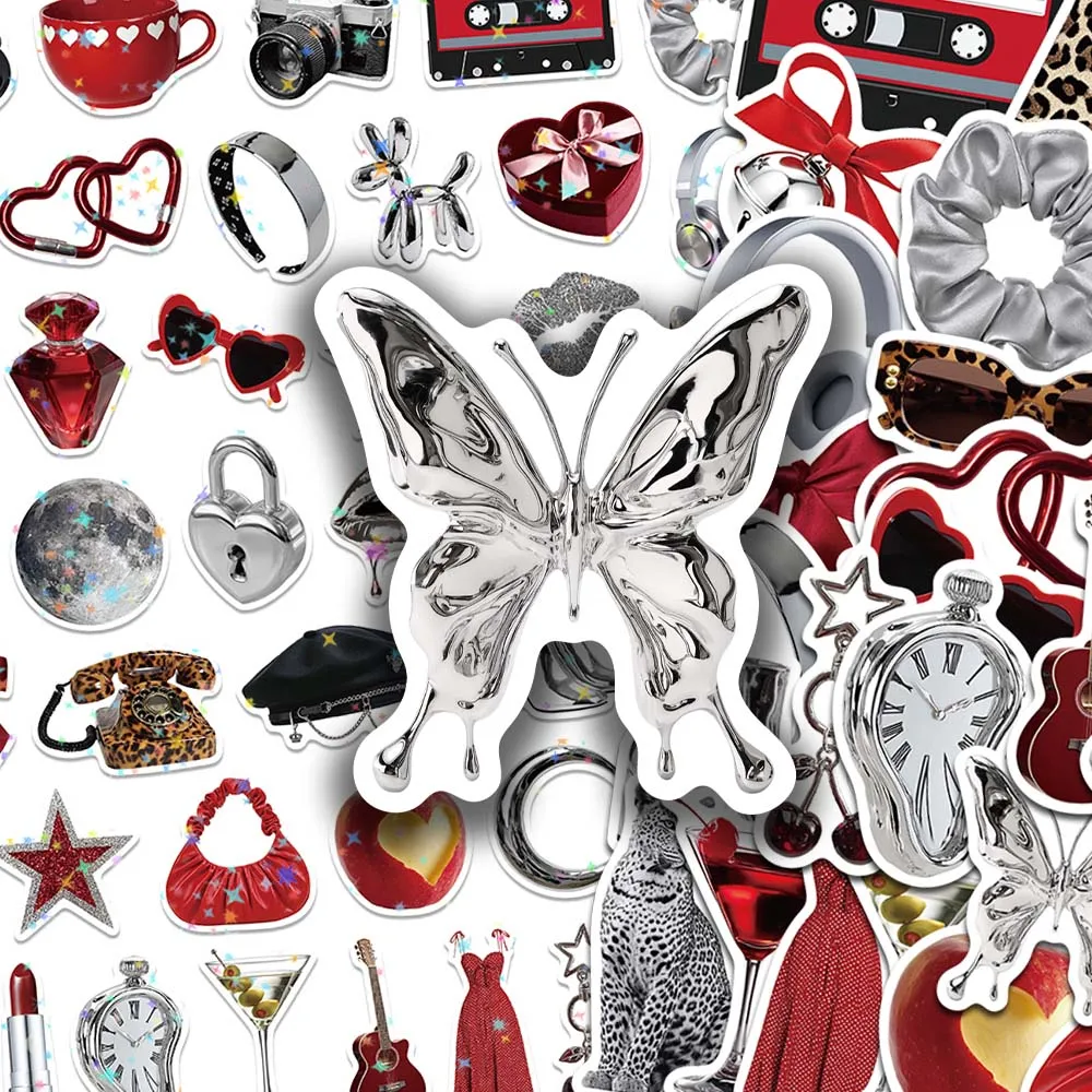 50pcs Y2K Silver Red Bling Butterfly Metallic Chrome Stickers Aesthetic Glitter Decals For Laptop Phone Case Journal DIY Gifts