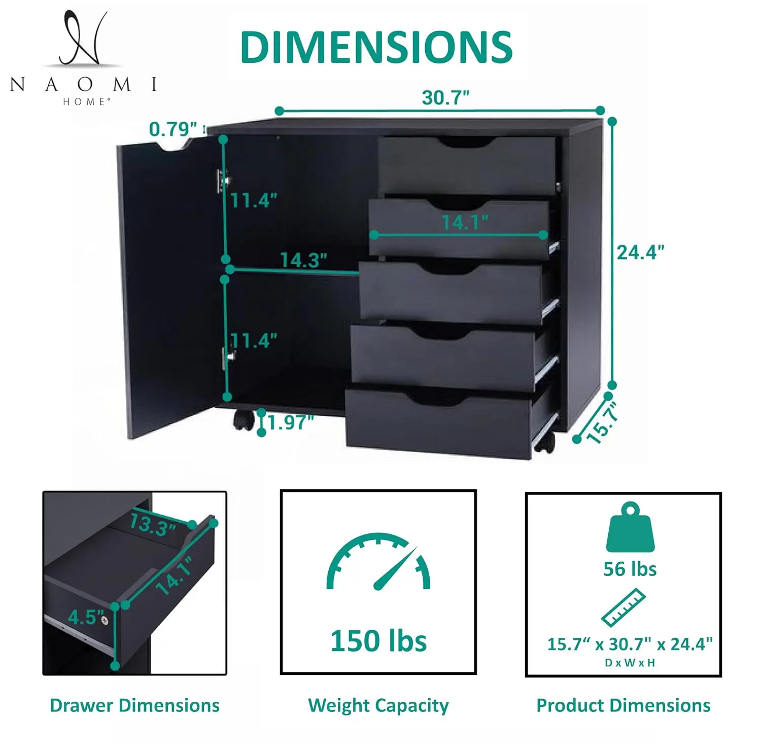 5-Drawer Rolling Office File Cabinet With Wheels & Lock, Mobile Storage Organizer For Home Office, Black, Customized