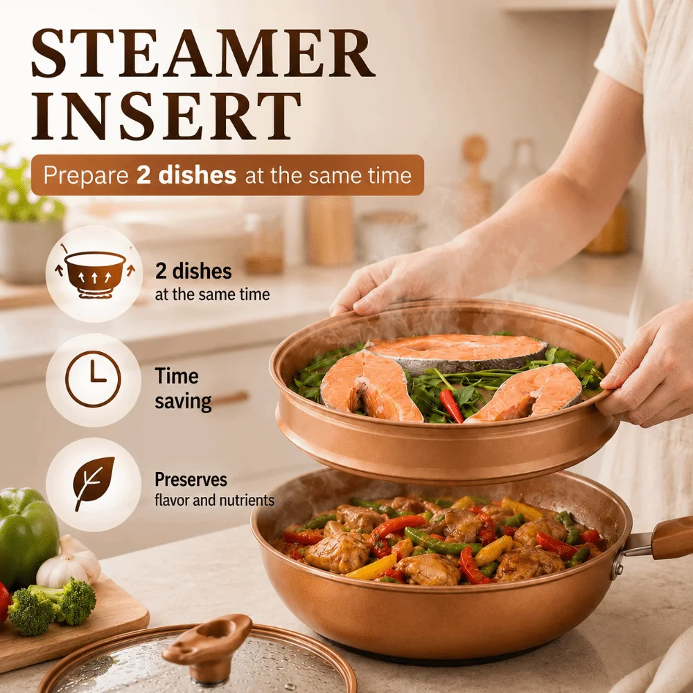 Durable 32cm Micro Pressure Steamer Wok with Lid Multipurpose Steaming Frying Pan Soup Pot Non Stick Gas Stove Pot Cooking Tools
