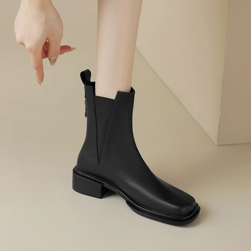 2023 new Autumn winter Women ankle boots natural leather 22-25cm cowhide+pigskin modern boots square toe back zip chelsea boots