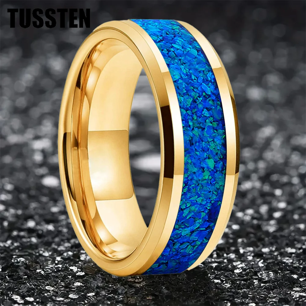 

Dropshipping TUSSTEN 6/8MM Men's and Women's Wedding Ring with Blue Opal Stone Inset in the Middle Groove for a Comfortable Fit