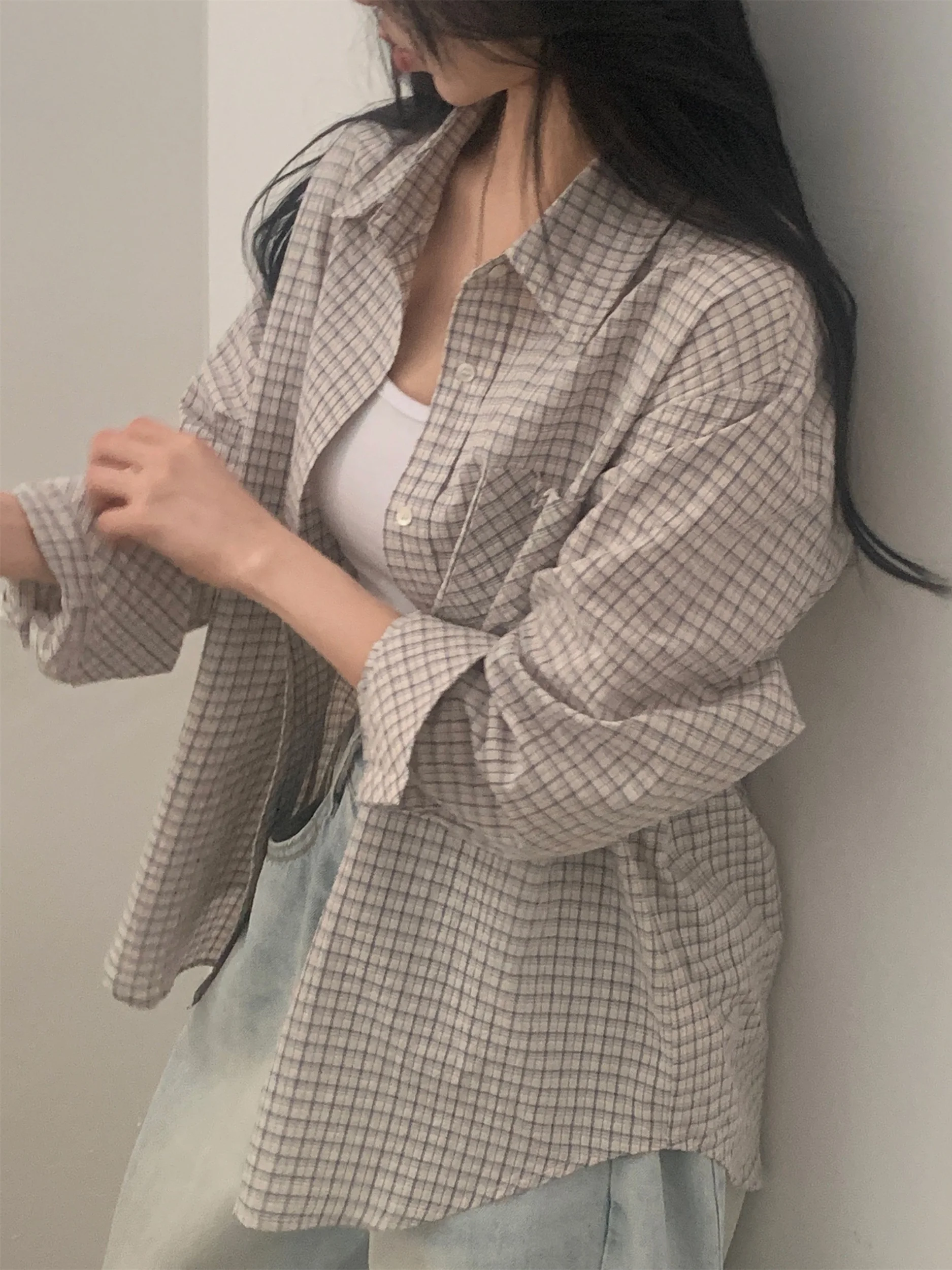 Chic Retro Long Sve Plaid irt Women's Button up Ele Top Spring Collection Korean Sle Loose Fit Collar