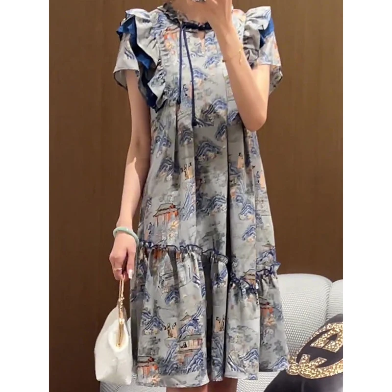

Elegant Ruffled Neck Button Lace Up Printed Ruffles Vintage Dress Women Clothing 2024 Summer New Loose Office Lady Floral Dress