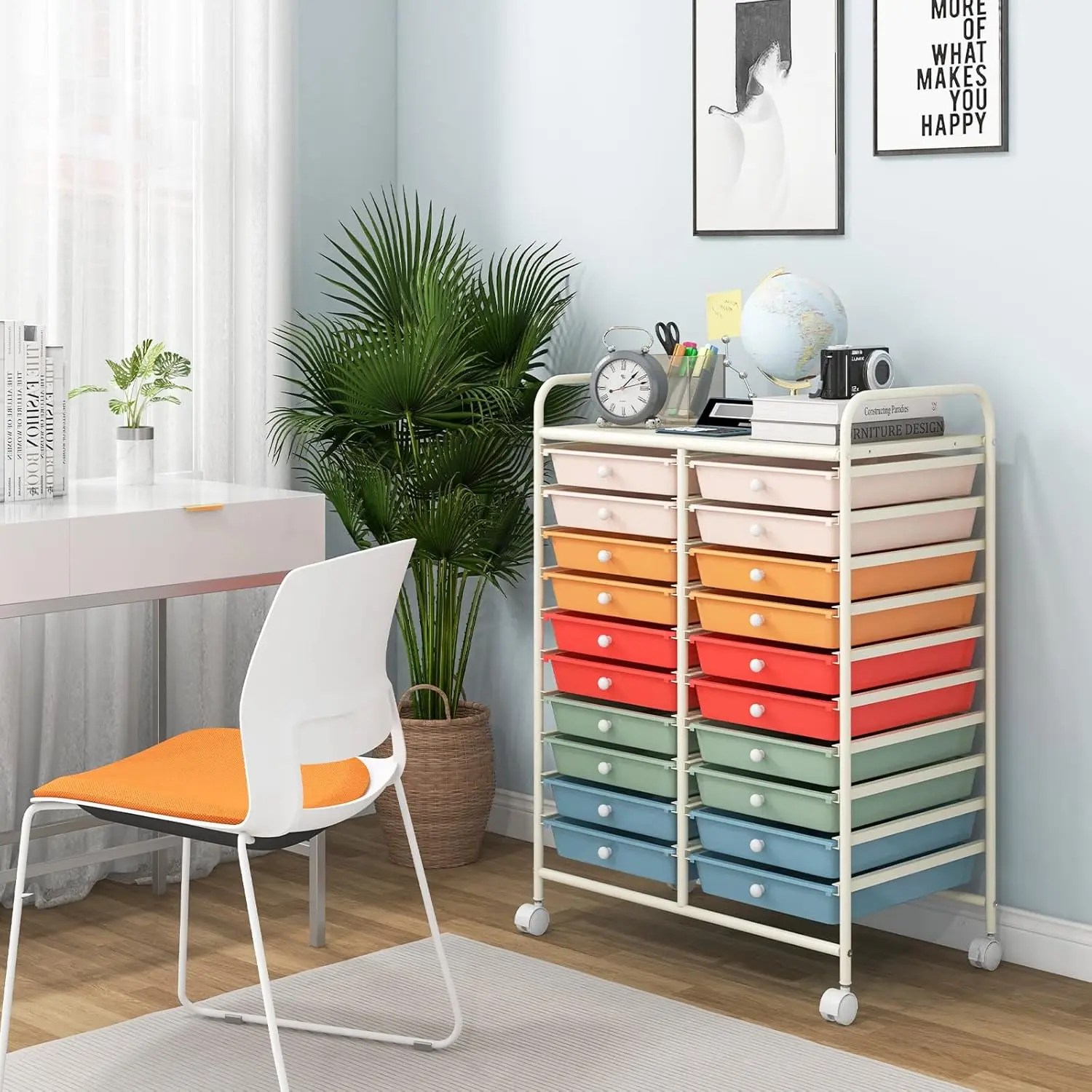 Removable Storage Drawers, Lockable Wheels, Art Cart for Home Office Living Room Art Supplies Crafts Paper Scrapbook (Macaron)