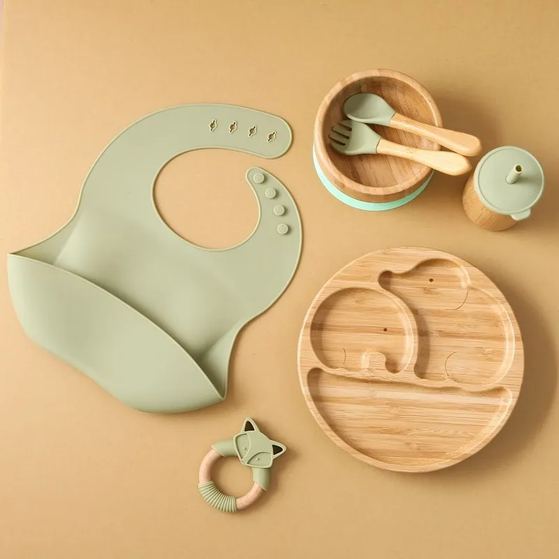 

7pcs Bamboo Wood Dinner Plate Feeding Supplies Children's Tableware Suction Plate Bowl BPA Free Baby Stuff Newborn Accessories