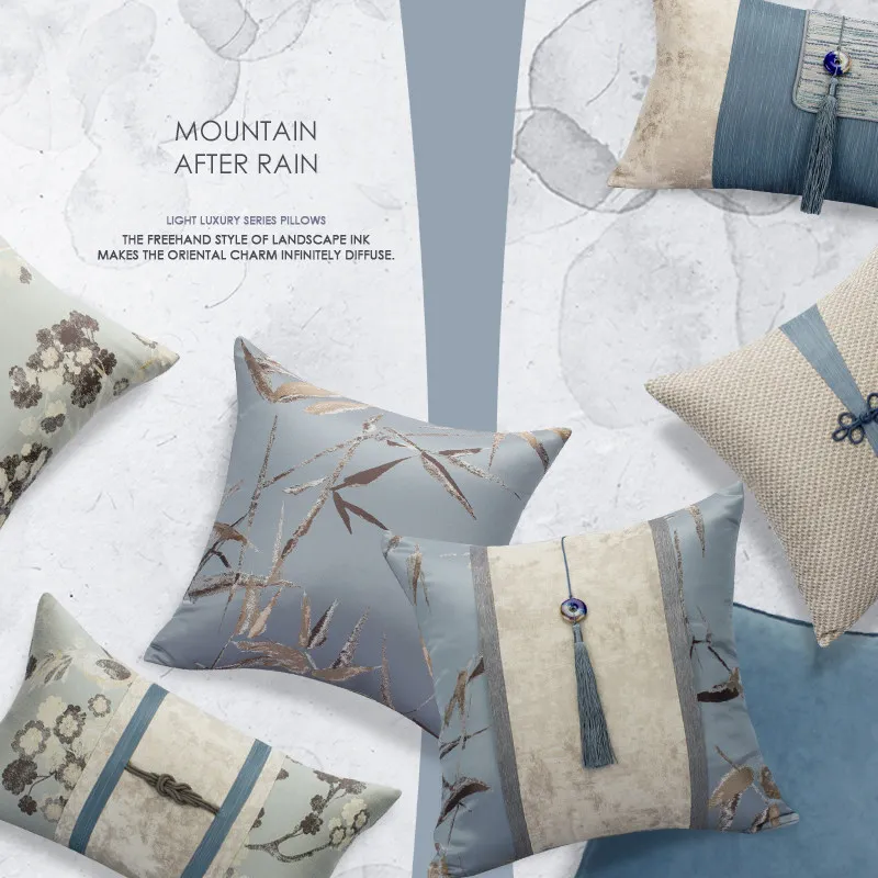 Grey-Blue Sofa Pillowcase Cushion Cover Classical Patchwork Pillow Cover with Frog Button Design & Tassel Fringe