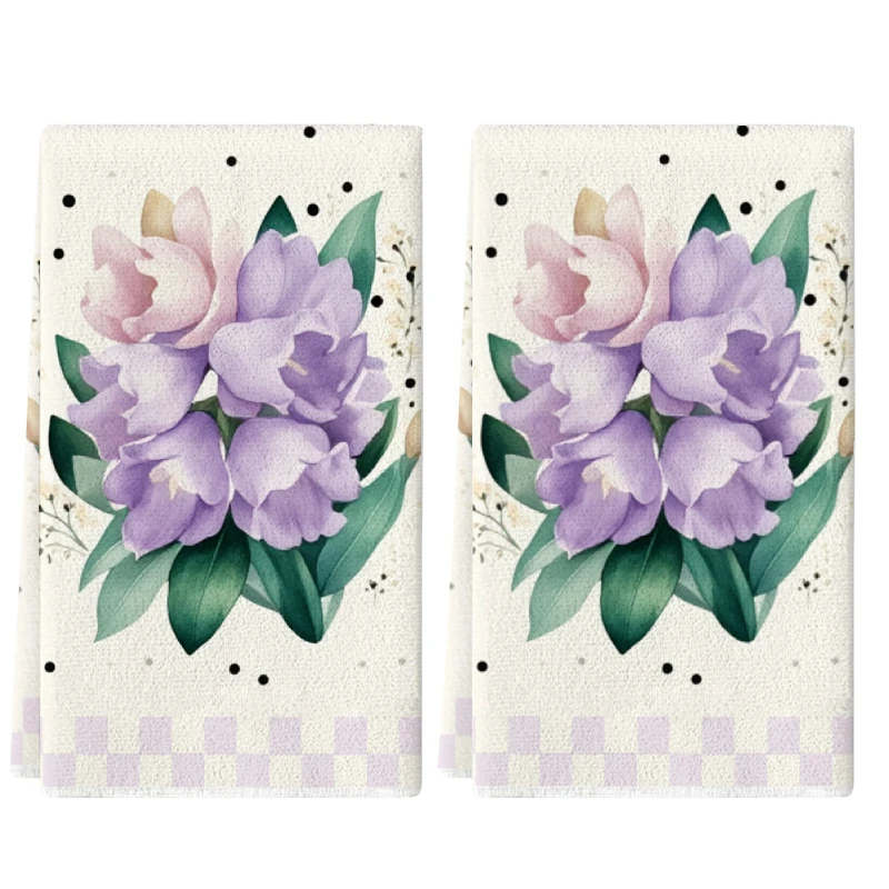 2Pcs, Purple Floral Kitchen Towels with Border, 40Cm*60Cm Towel Set, Best Kitchen Towels, Super Absorbent Soft Cleaning Cloth, Cooking and Baking Tea Towel, Hand Towel, Cleaning Cloth, Dishcloth, Kitchen Decoration, Living Room Decorations, Kitchen Essentials, Home Essentials