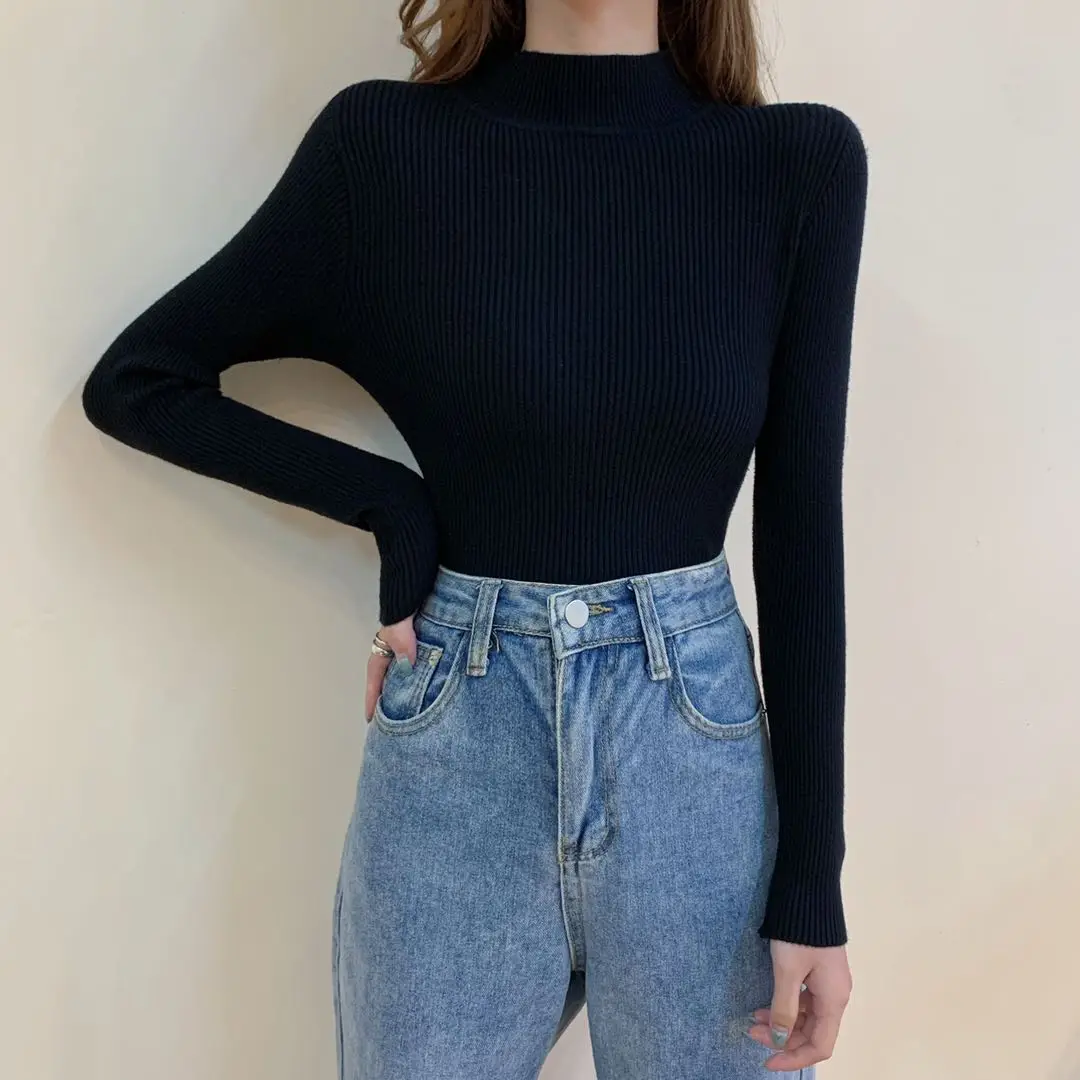 Sexy Pullovers All-Match Female Tops Autumn Winter New Sweaters Knitted Turtleneck Candy Colors Long-Sleeved Slim Fit