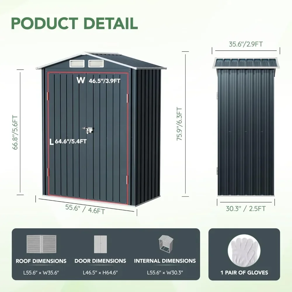 5x3X6.3FT Outdoor Storage Shed with Double Lockable Doors & Frame Floor, Compact Small Bike Shed, Patio Utility and Tool Storage