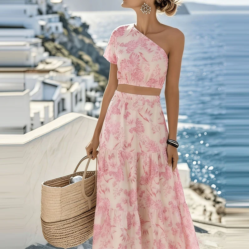 

Fashion Vacation Style Long Skirt 2Pc Outfits Sexy Slanted Shoulder Short Sleeve Top & Skirt Set Women Elegant Flower Print Suit