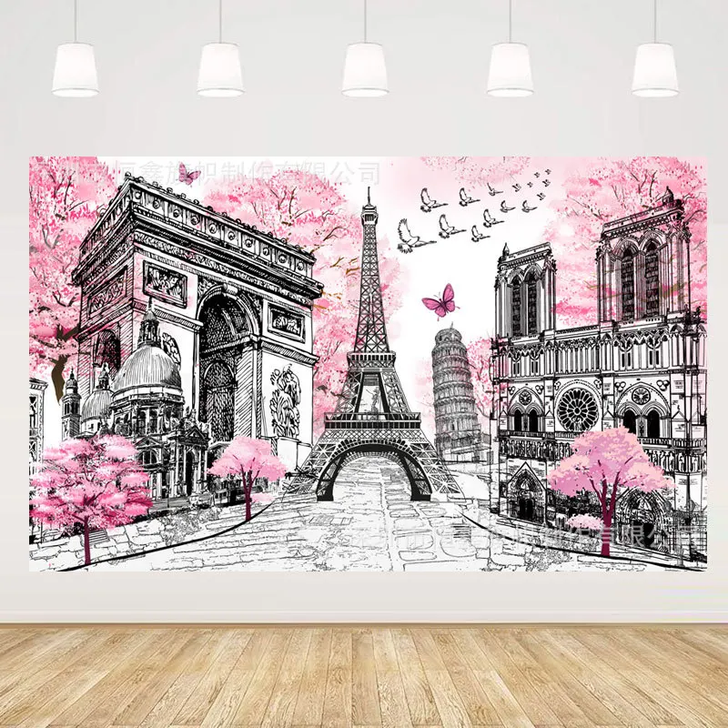 Selected Pink Eiffel Tower Banner for Valentine's Day, Wedding, Engagement Party, Atmosphere Scene Layout,  Background Cloth