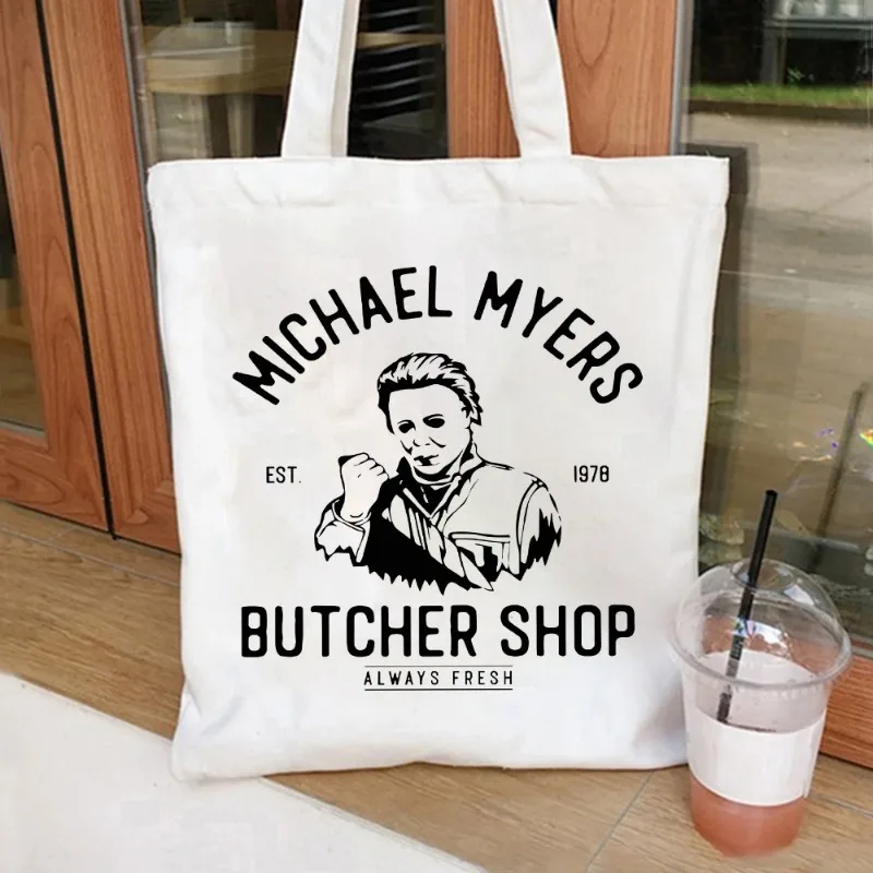 Michael Myers Butcher Shop Print Tote Bag Set Halloween Horror Movie Shoulder Handbag Cosmetic Bag Shopping Bag Travel Bag