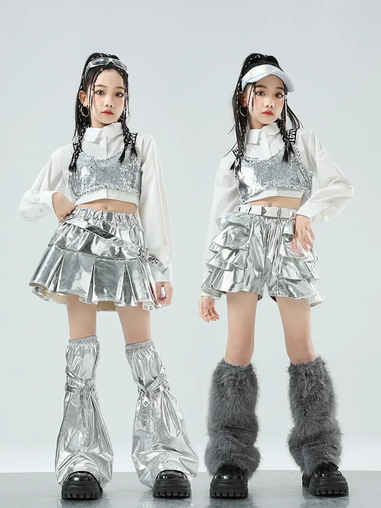 Meisjes Hip Hop Sets K-pop Sequin Crop Top Shirt Street Dance Zilveren Rokken Kinderen Streetwear Kind Jazz Kostuum meisje Groep Kleding
