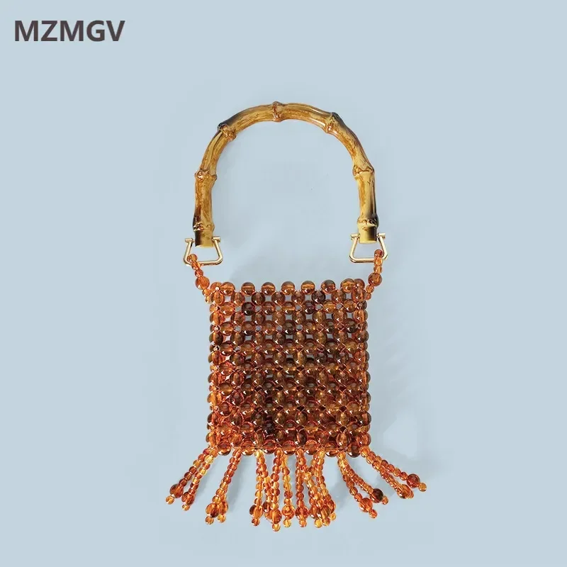 

Meet You Women's Trend Eveing Bag Hand-woven Amber Beaded Tassel Bag New Imitation Bamboo-joint Handle Handbag Female Mini Bag