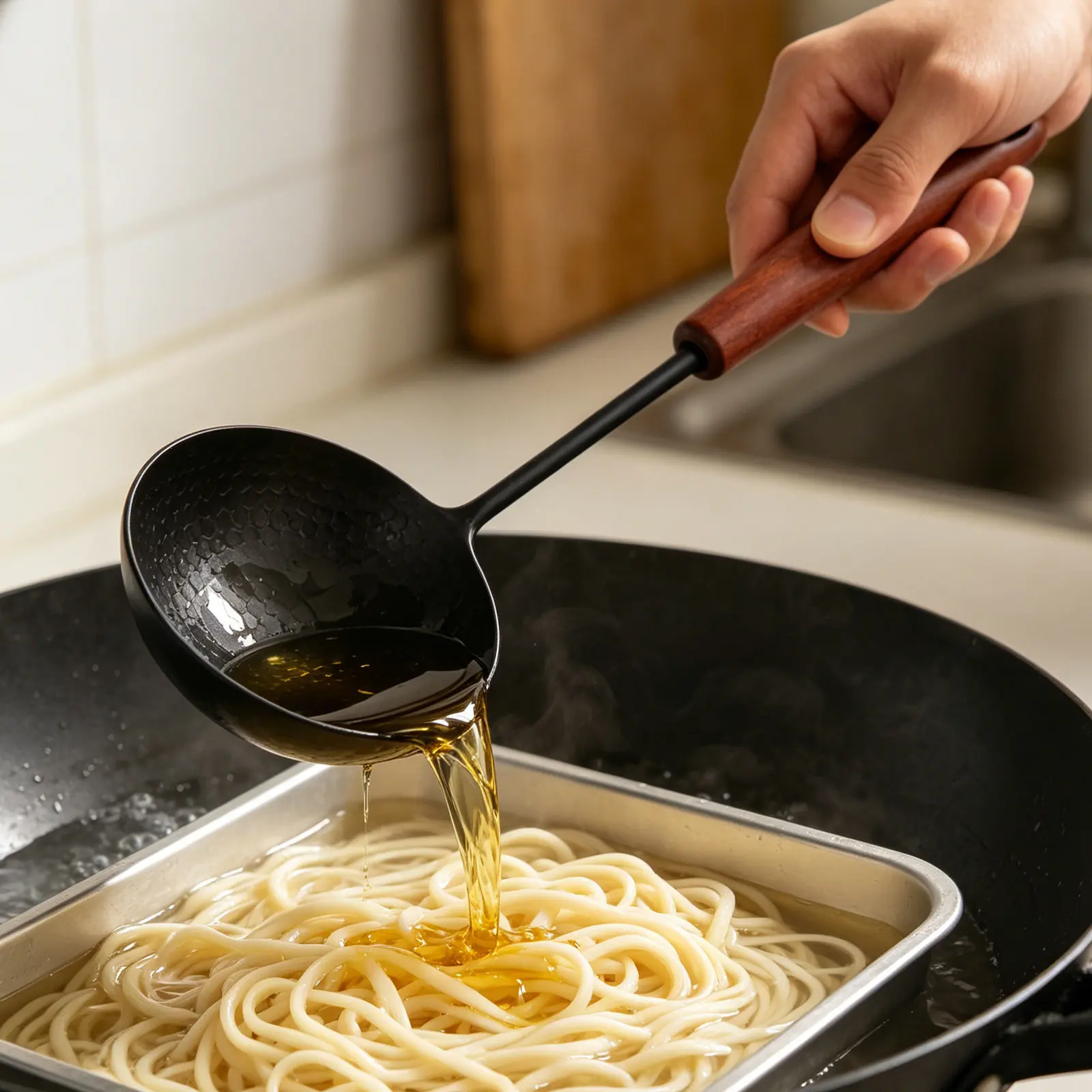 Cast Iron Ladle with Long Walnut Wood Handle for Frying, Oil Dipping, Straining – Wok Cooking Spoon