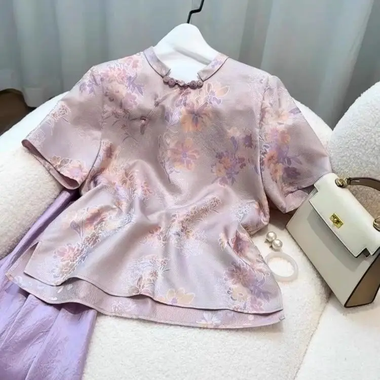 

New Chinese Style Purple Floral Embroidery Short Sleeve Women's Shirt Summer 2026 Elegant Unique Small Audience Shirt