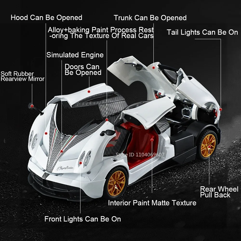 1:24 Pagani Huayra Model Toy Sports Cars Alloy Diecast Zonda HP Supercars Sound Light Doors Opened Pull Back Car Toys Kids Gifts