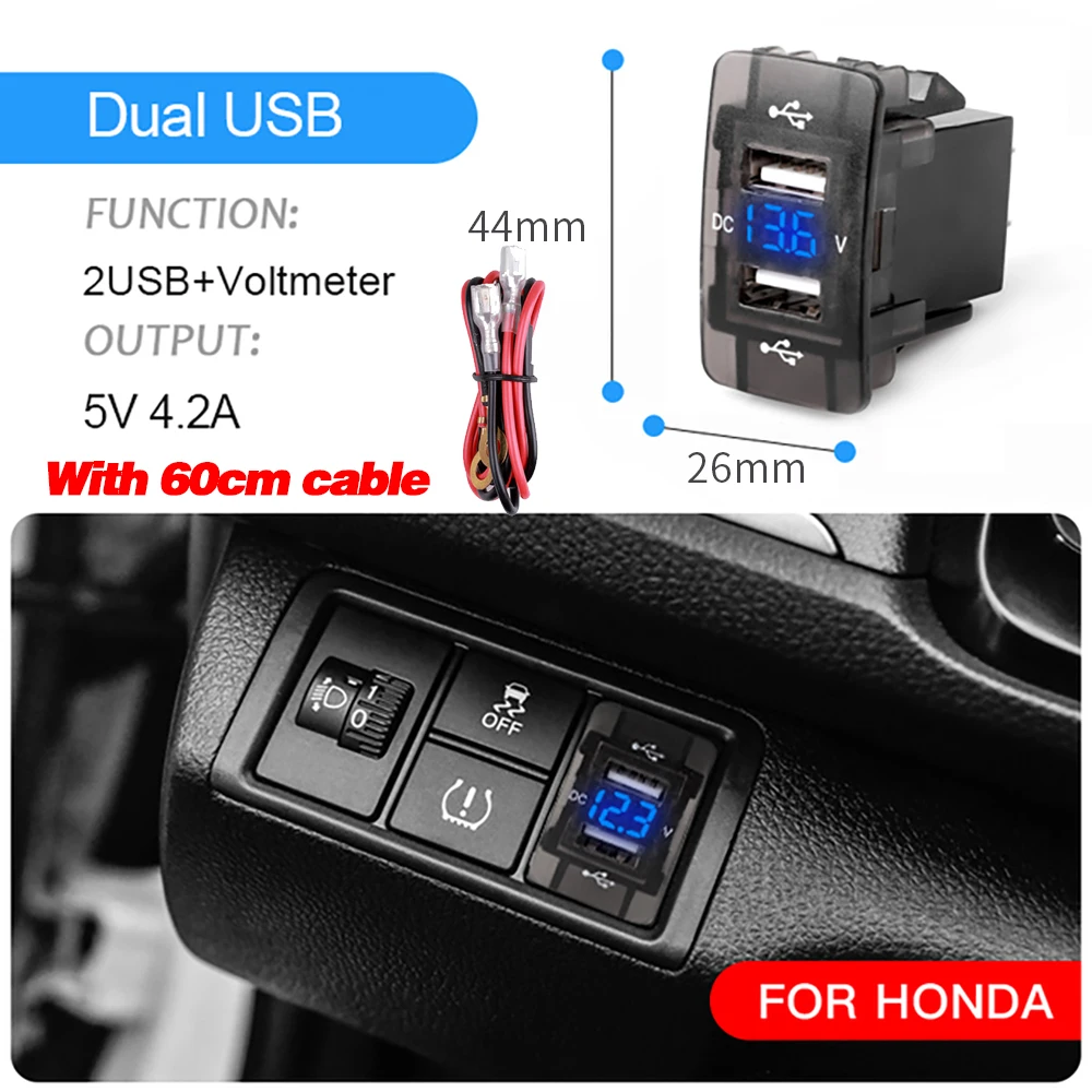 Dual Usb 12V-24V 4.2A Car Charger For Honda LED Voltmeter Socket 2 USB Port Auto Adapter  For Honda CIVIC CROSSTOUR CRV ODYSSEY