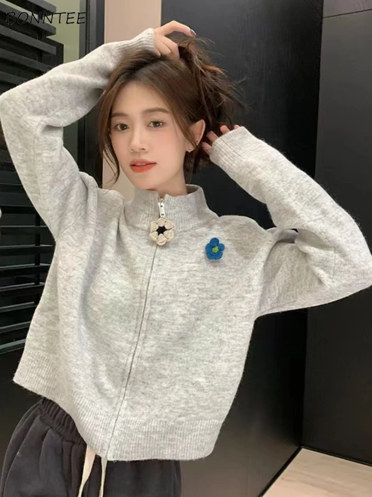 

Knitted Cardigan Women Zipper Stand-collar All-match Solid Cozy Casual Autumn Outwear Simple Korean Style Classic Popular Young