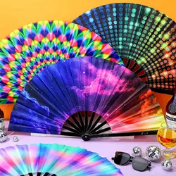 33cm Large Folding Hand Rave Fan Chinease/Japanese Gradient Colorful Reflective Foldable Fan Music Festival Fan Dance Fan Gifts