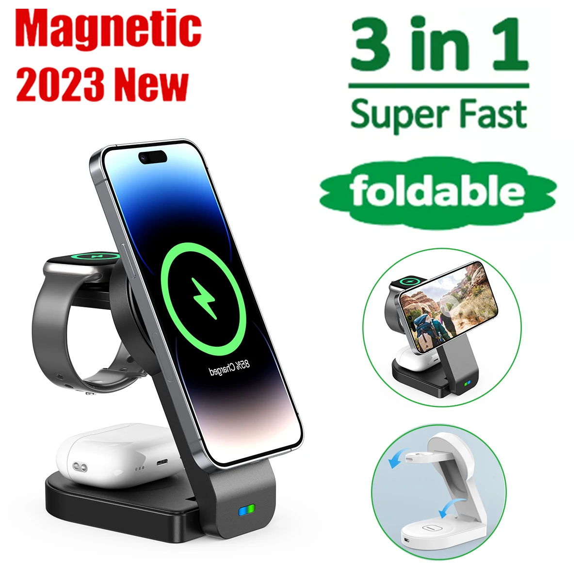 2023 New 15W Three in One Magnetic Wireless Charging Stand Foldable Fast Charging Station for iPhone 15 14 13 12 Pro Max Apple