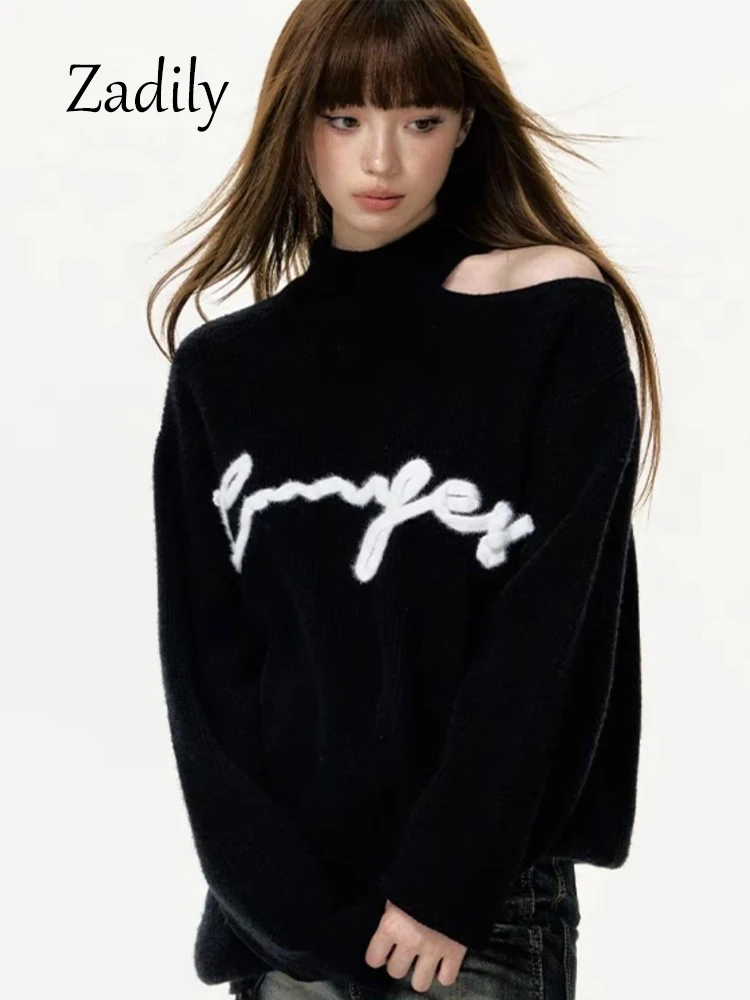 Zadily 2023 Winter Long Sleeve Women One Shoulder Sweater Korea Style Loose Letter Embroidery Knit Ladies Pullovers Clothing