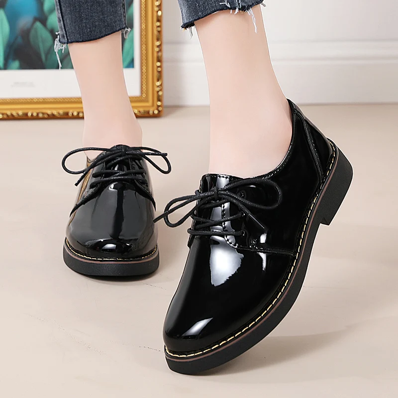 New round head women\'s shoes lace-up small leather shoes black British style single shoes low heels casual flat business