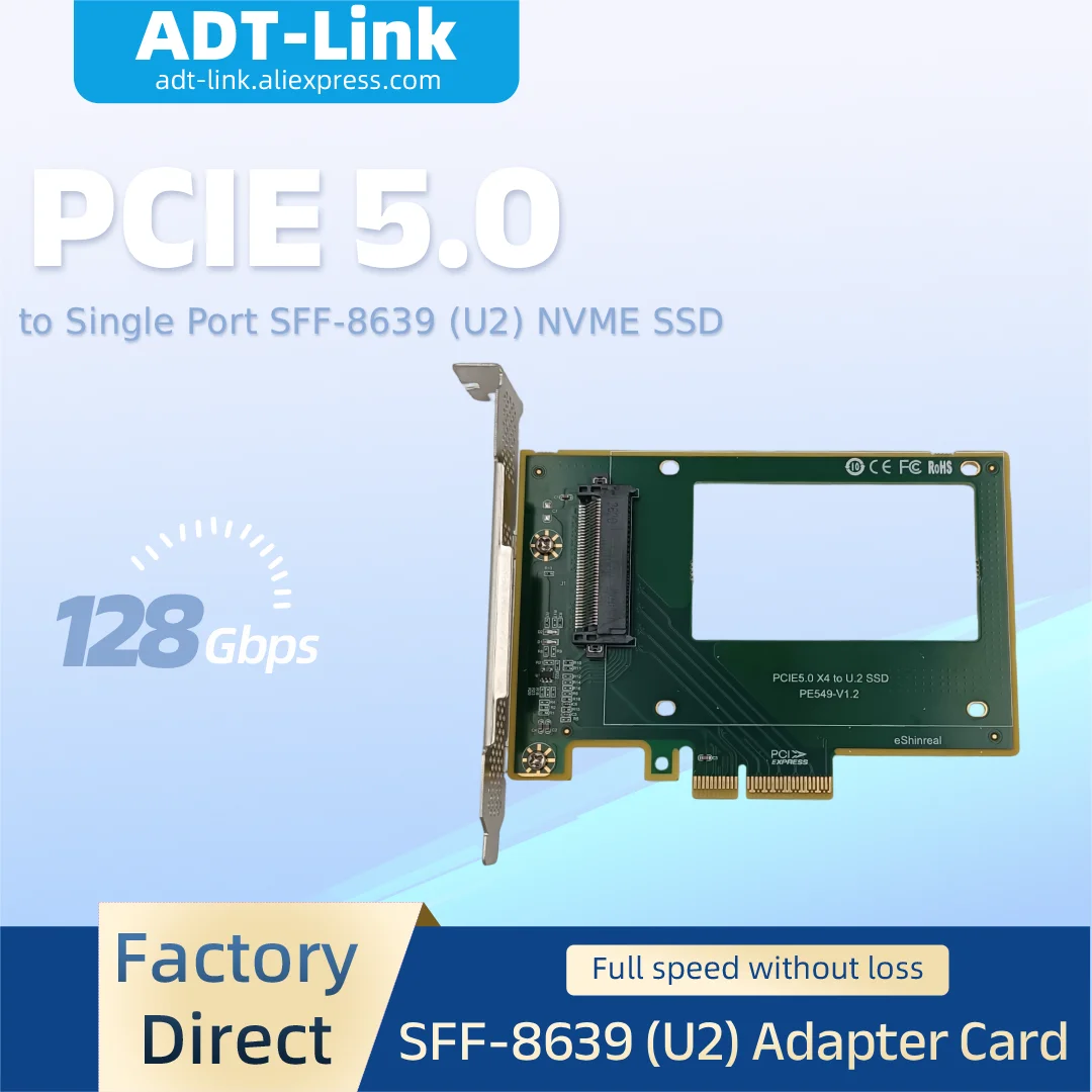PCIe 5.0 X4 to Single Port U.2 SFF-8639 NVMe SSD Adapter Card 128Gbps Gen5 PCI-e X4 Expansion Card Compatible PCIe4.0/3.0