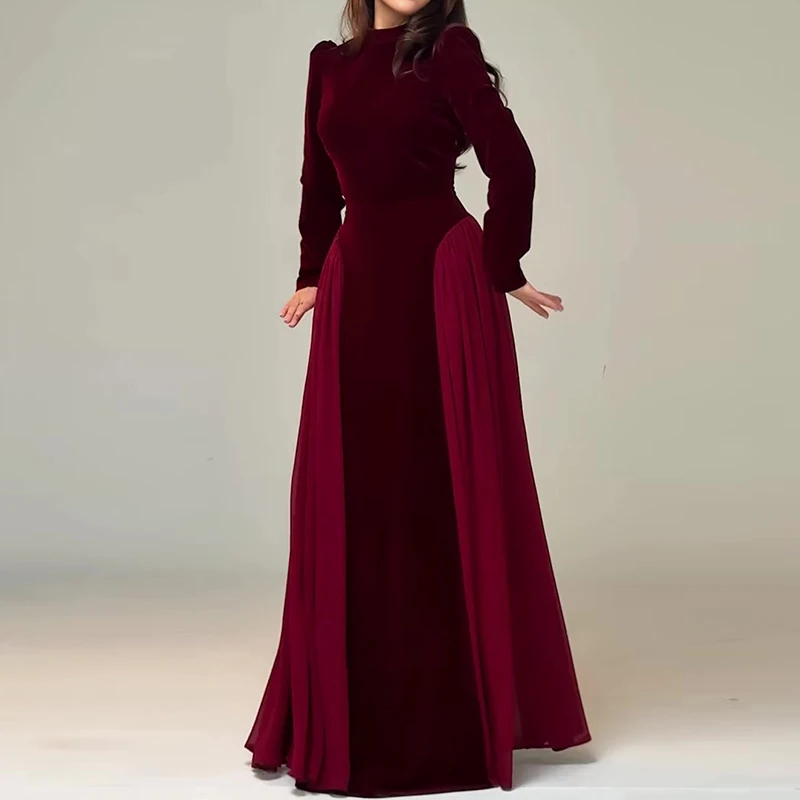 

Повседневное простое женское банкетное платье, элегантное золотистое бархатное шифоновое платье с круглым вырезом, элегантное плиссированное платье с длинными рукавами и большим подолом