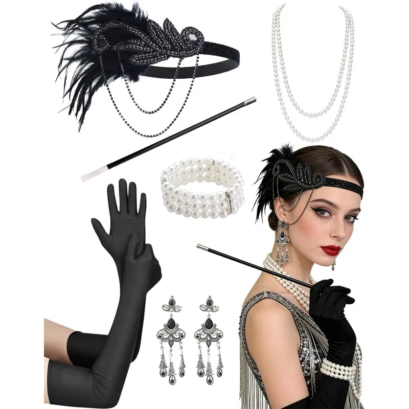 

1920s Flapper Roraing Costume Accessories Set–Feather Headband,Earrings,Pearl Necklace Bracelet,Long Gloves For Roaring Party