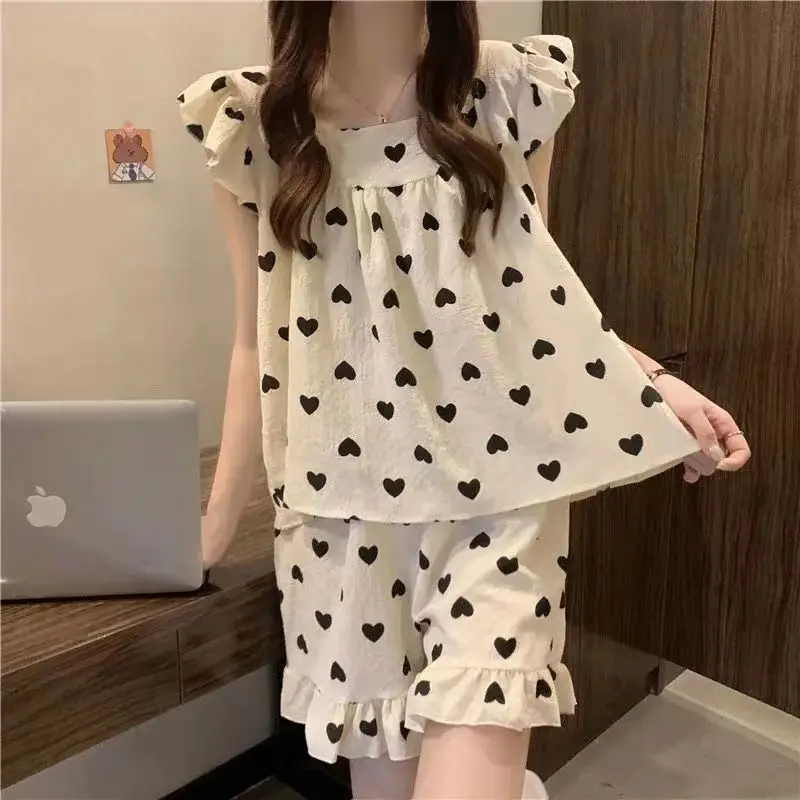 Pajama Sets Women Folds Simple Sweet Graceful Daily Home Leisure Fashion Age-reducing Designed Ladies Korean Style Personality