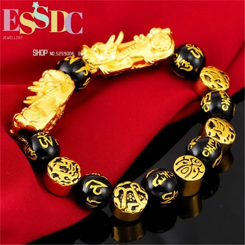 Wholesale Exquisite Imitation Gold Double Pixiu Charm 12mm Natural Black Six Words Onyx Beads Bracelets for Fashion Men