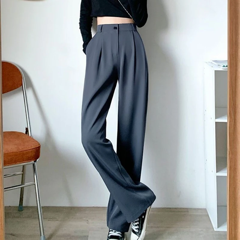 Lucyever Spring Autumn Women\'s Wide Leg Pants Loose High Waist Casual Trousers Woman Korean Style Solid Office Straight Pants