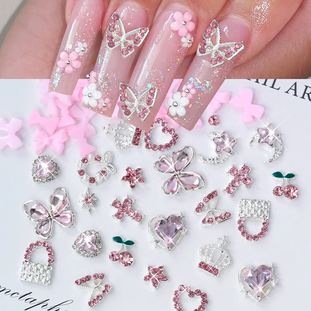 58 pezzi 3D misti rosa farfalla/cuore/ciliegia ciondoli per unghie con gemma in lega stella corona decorazioni per unghie artistiche parte delle unghie di San Valentino
