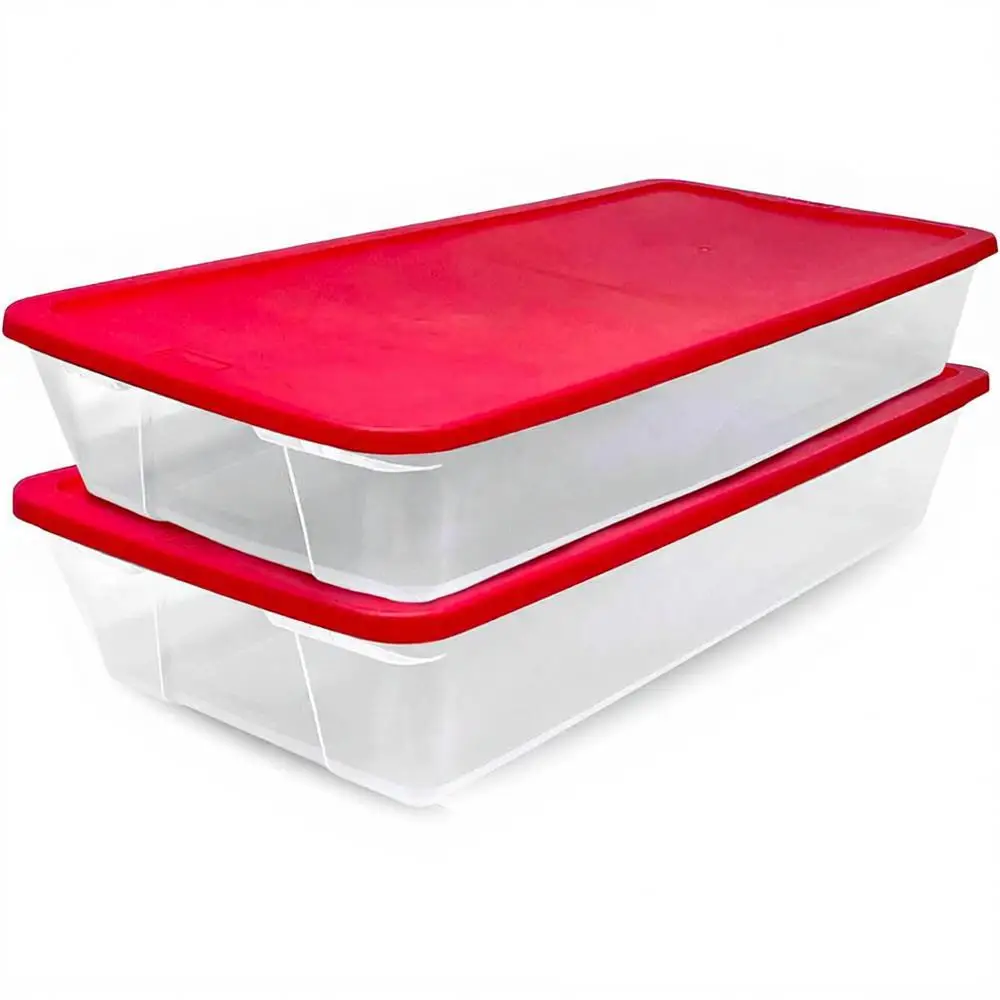 

Clear Plastic Storage Organizer Bins, 41 Quart, Red, Stackable Containers, Christmas Ornament Decorations, Gift Wraps, Crafts.