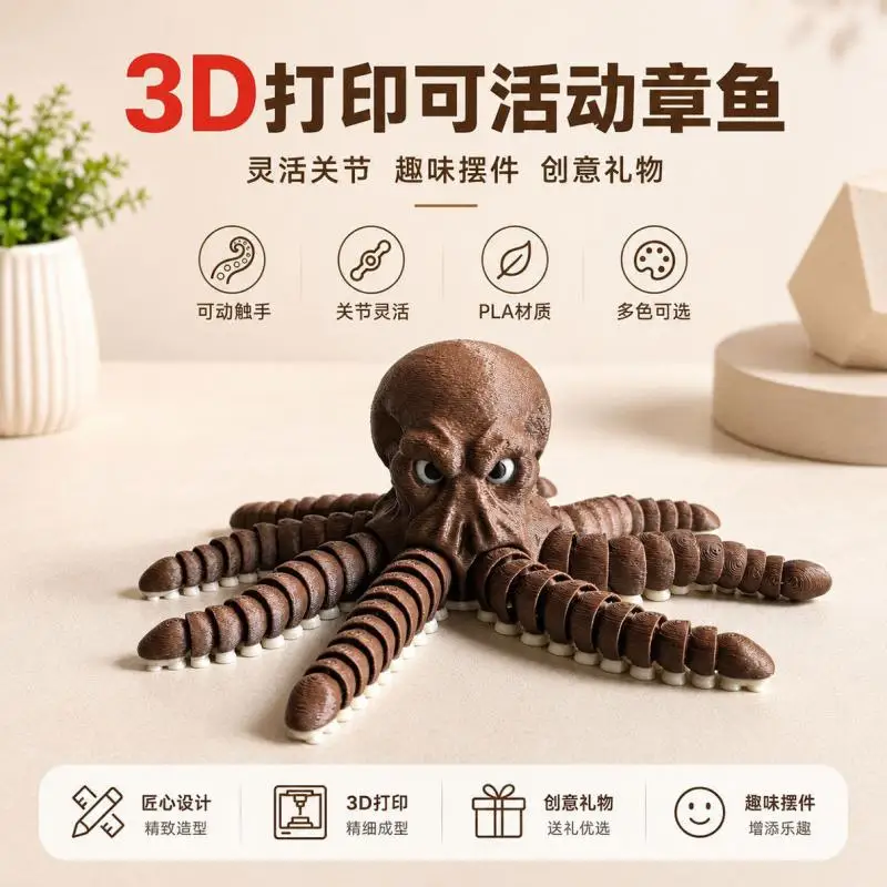 3D Printed Movable Octopus Model PLA Material Flexible Joint Creative Desktop Ornament Decorative Craft Gift