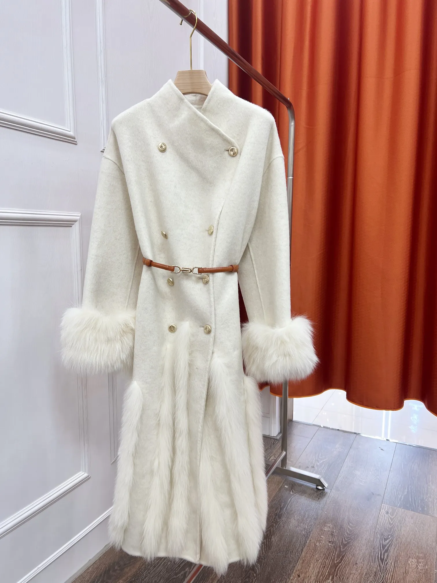 2024 New Winter Real Natural Fox Fur Coat Ladies Outwear Female Coat Cashmere Wool Woolen Women Luxury Jacket