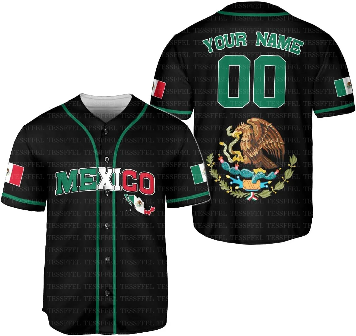 Custom Name Country Eagle Mexico Flag Vintage Unisex Retro Baseball Jersey Shirts 3D Print Summer Pullover Casual Short Sleeve A view 3
