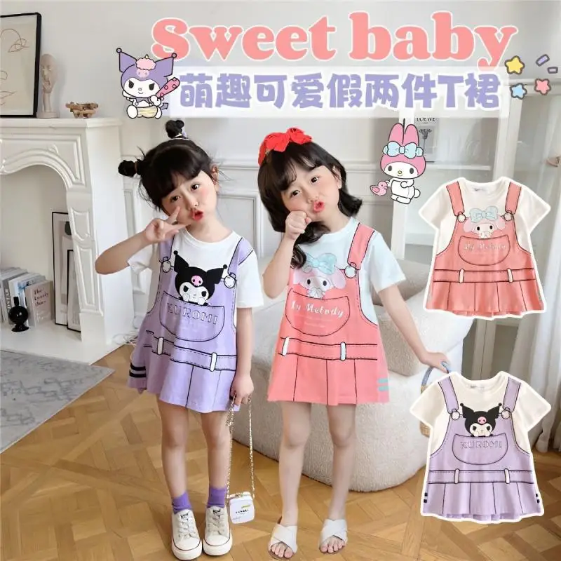 Sanrioed Kuromi Kids Dress Cute Print Pleated Skirt My Melody Cartoon Short Sleeve Suspenders T-Shirt Dress Summer Kids Clothes