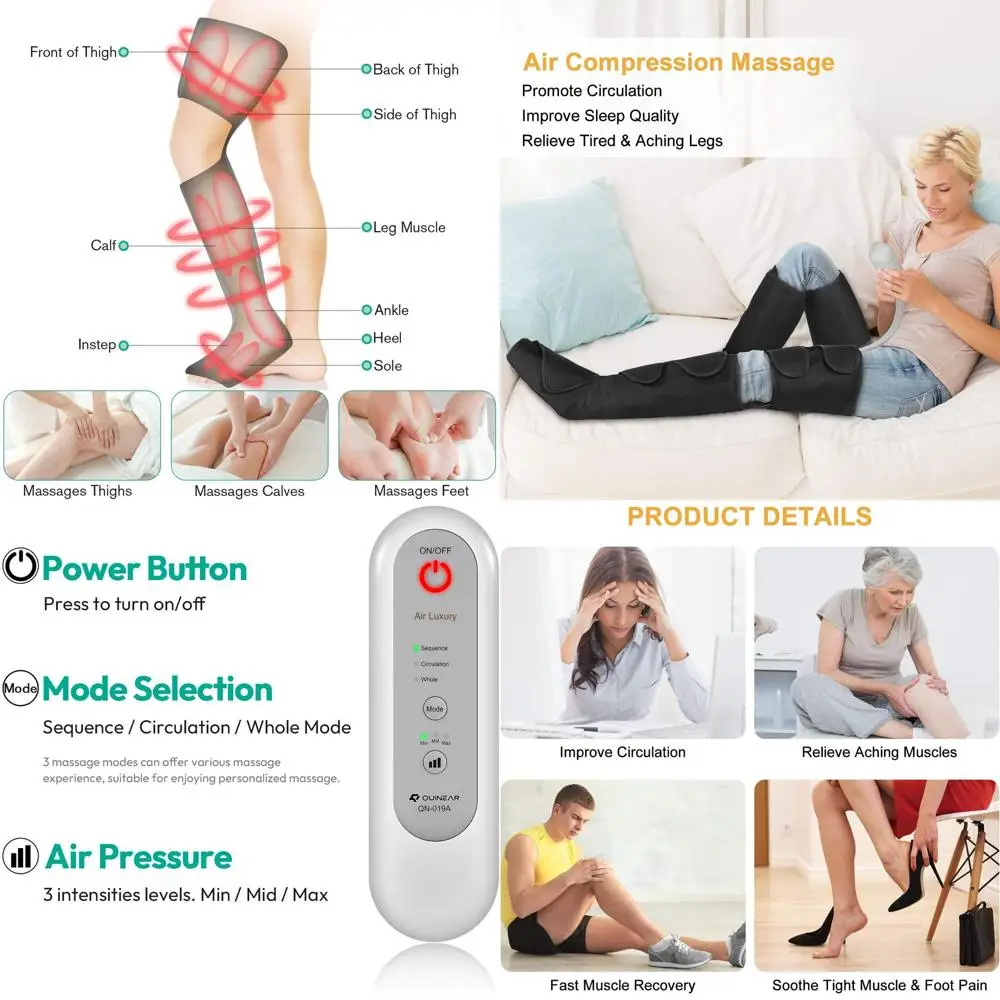 

Full Leg Massager with 3 Intensity Levels and Modes for Pain Relief, Swelling, RLS, and Edema, Suitable for Elderly, Includes 2