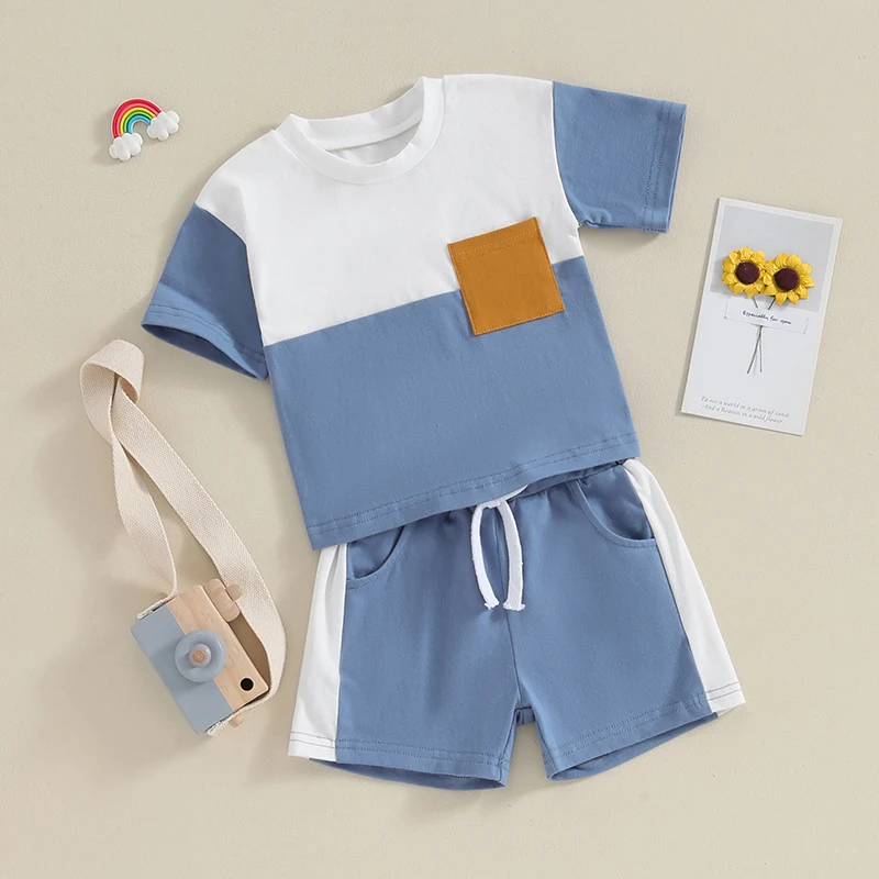 Ledy Champswiin Toddler Baby Boy Summer Outfit Color Block Short Sleeve T-shirt Pullover Tops Jogger Shorts Clothes Set