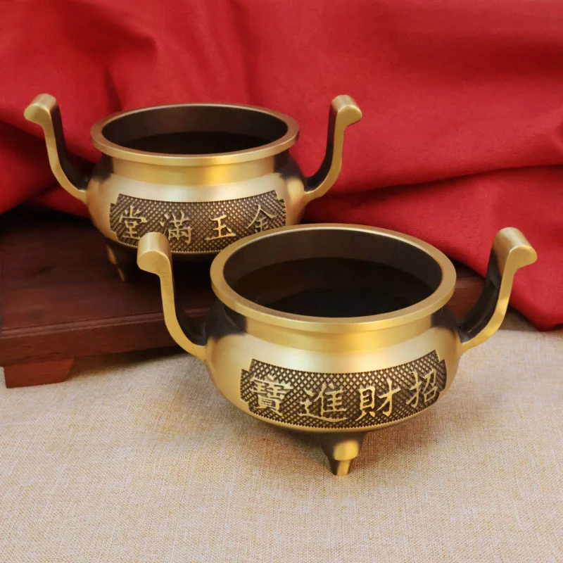 Brass Gold Jade Full Hall Three-Legged Incense Burner Wealth-Attracting Double-Eared Incense Burner Wealth-Attracting Home Indoo