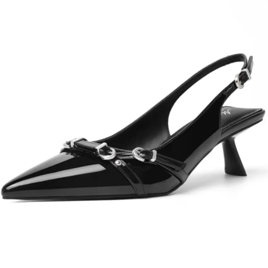 

Mostrin Kitten Heels for Women Pointed Toe Pumps Patent Leather Low Heel Slingback Heels with Buckle Dress Shoes for Dating Par