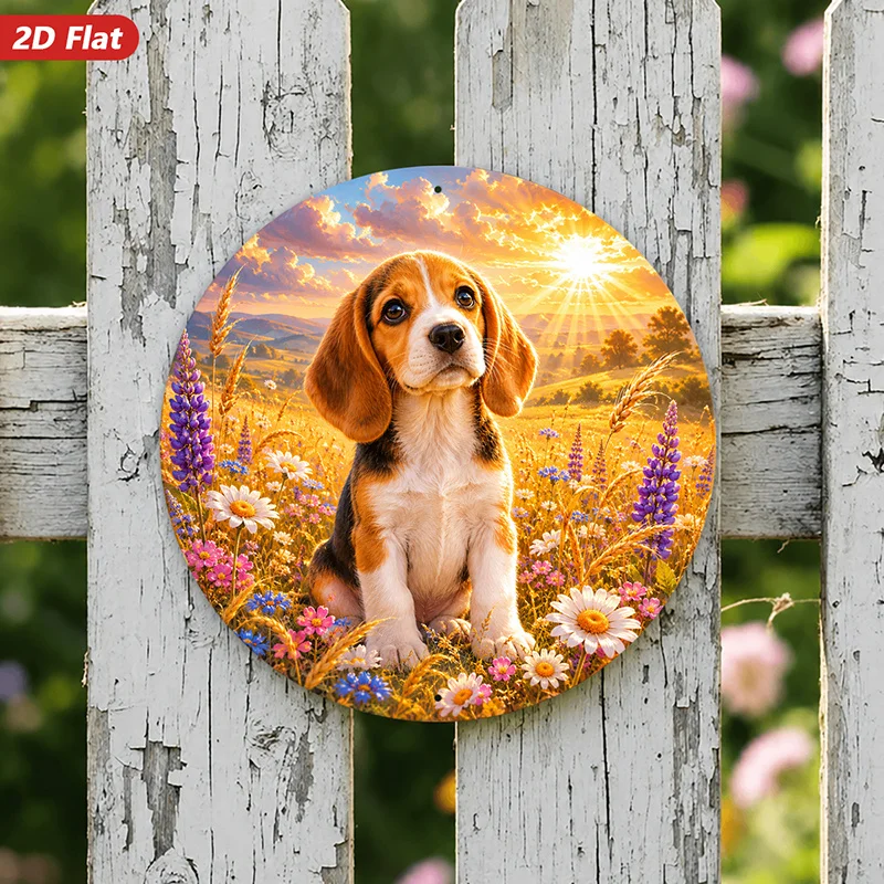 2D Flat, 1pc Round Metal Sign Wall Art, Round Beagle Dog Home Decor, with Scenic Field, Flowers, And Sunlight, Ideal for Living
