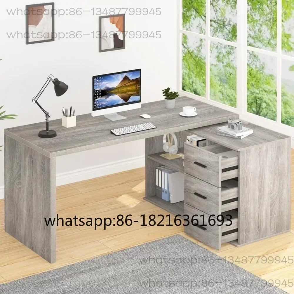 360 Rotating L-Shaped Computer Desk With Storage Cabinet Gray Corner Swivel Desk Wood Table for PC Executive Work Study Writing